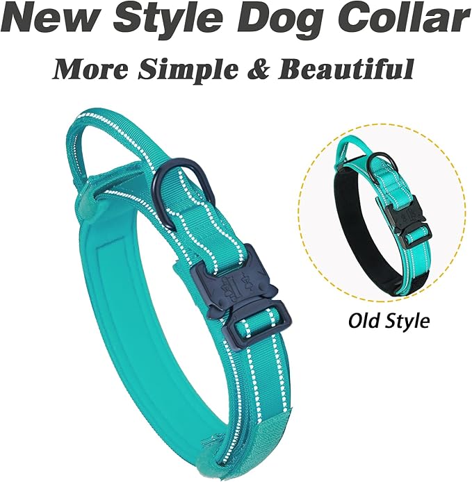 AUBELL Tactical Dog Collar and Leash Set, Reflective Adjustable Heavy Duty Military K9 Collars with Handle and Metal Buckle for Large Dogs, with Airtag Case and 2 Patches(Teal,L)