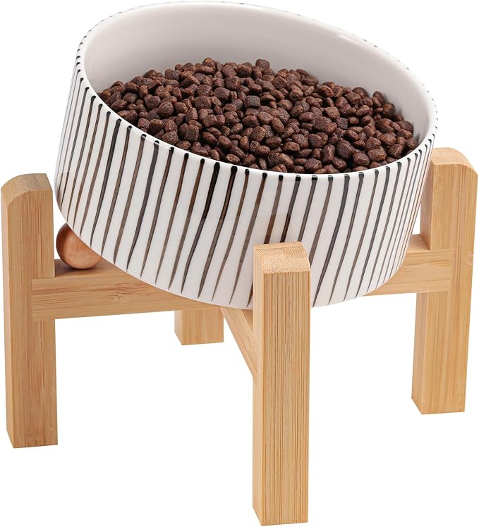 Elevated/Raised 15°Tilted Anti Slip Ceramic Dog Bowl for Small/Medium Breeds,Slanted Bulldog Big Face Pet Food Water Feeding Dish with Stand for Cats and Dogs (3.6 Cups/28 OZ) vertical stripe
