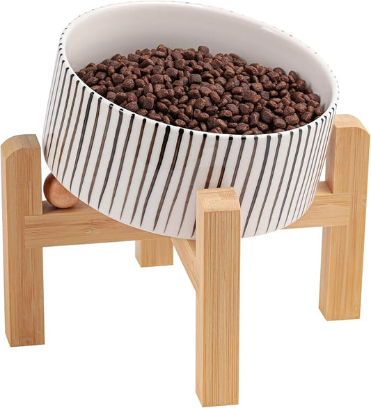 Elevated/Raised 15°Tilted Anti Slip Ceramic Dog Bowl for Small/Medium Breeds,Slanted Bulldog Big Face Pet Food Water Feeding Dish with Stand for Cats and Dogs (3.6 Cups/28 OZ) vertical stripe
