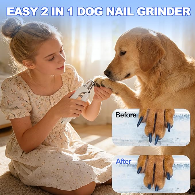 2-in-1 Dog Nail Clippers with Light - Electric Pet Nail Grinder Quiet for Small Large Dogs & Cats, LED Prevent Over Cutting, USB-C Rechargeable Safety Guard Grooming Kit for Black Nails