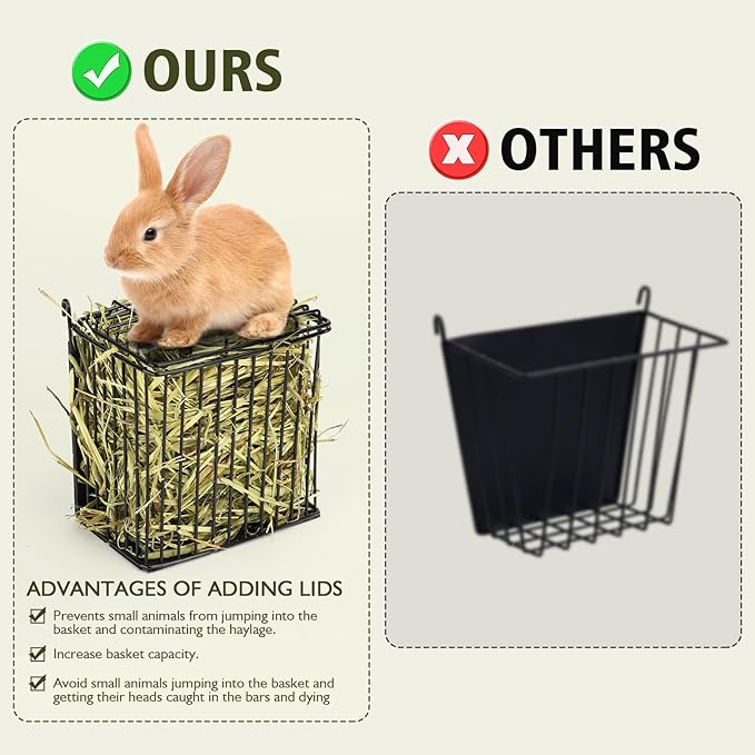 New Upgraded Rabbit Hay Feeder,Comes with Lid to Prevent Critters from Jumping in,Metal Frame Hay Rack with Adjustable Hook,for Rabbits Guinea Pigs Bunny Chinchillas Small Animals (Black)