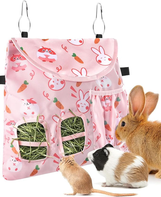 Bissap Rabbit Hay Feeder Bag, 2 Holes Hanging Hay Feeder Guinea Pig Hay Bag with Side Pocket for Rabbits Bunny Chinchillas Hamsters Rats and Other Small Pets Small Animal - Pink