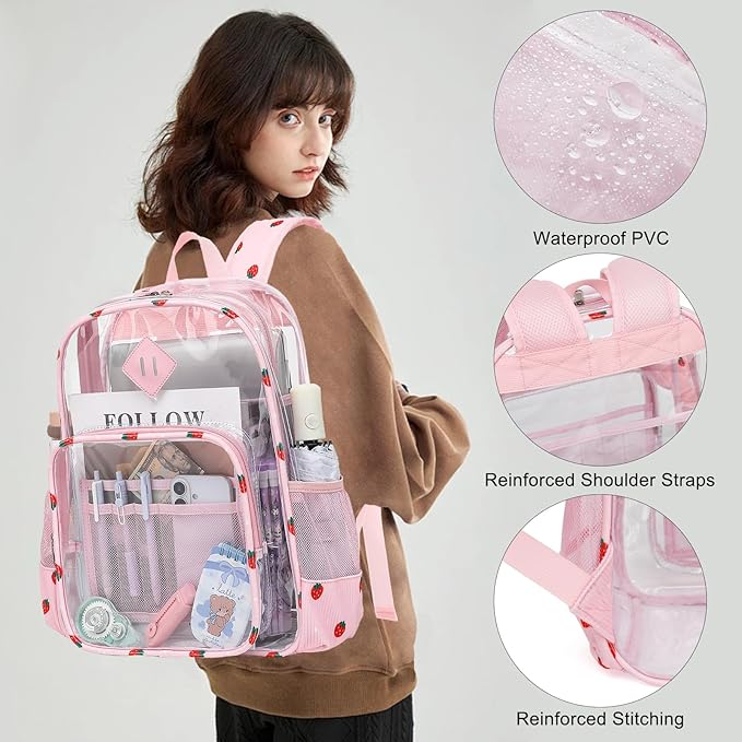 Clear Backpack for Girls Women School Bookbag Heavy Duty Transparent Backpacks (Pink Corduroy Strawberry)