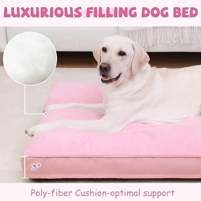 Dog Crate Bed Waterproof Deluxe Plush Dog Beds with Removable Washable Cover Anti-Slip Bottom Pet Sleeping Mattress for Large, Medium, Jumbo, Small Dogs, 41 x 27 inch, Pink