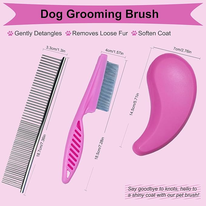 3 PCS Puppy Brush Grooming Kit, Stainless Steel Flea Comb, Fit for Yorkie, Shih Tzu, Maltipoo, Soft Bristle (Pink)