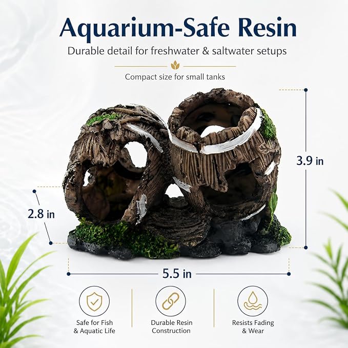 Resin Double Barrel Aquarium Cave for Betta, Shrimp & Small Fish | 5.5 x 2.8 x 3.9 in resin double-barrel hideout with multiple openings for bettas, shrimp, guppies and small fish