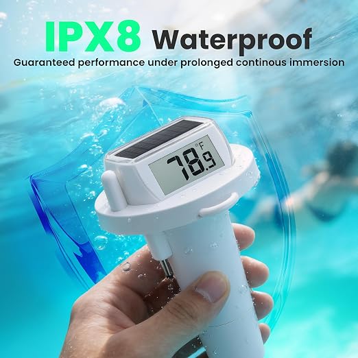 Pool Thermometer Floating, Digital Swimming Pool Thermometer, IPX8 Waterproof with Double Sided Display for Pond, Hot Tub, Aquarium (Solar Powered, White)