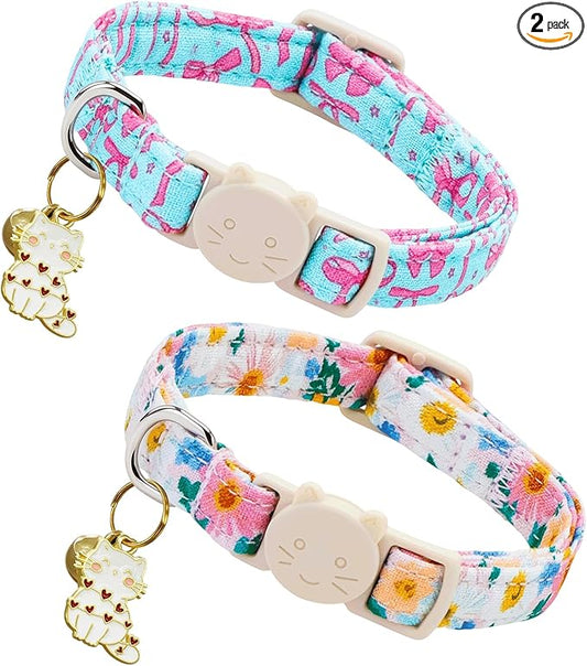 Elegant little tail 2 Pack Cat Collar- Spring Print Cotton Breakaway Cat Collars with Bell Pendant Kitten for Girl Safety Adjustable Collar for Small Cats Puppy