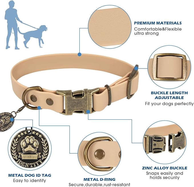 Wisedog Waterproof Dog Collar and Leash Set, L, Sand Color | Adjustable Puppy Collar, Cute Tag, 5FT Leash, Includes Poop Bag, For Small Medium Large Dogs