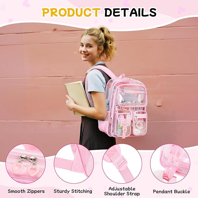 MOONBABY Clear Backpack for Girls, Clear Bookbag Heavy Duty Transparent Backpack for Stadium Events, See Through Back Pack for Kindergarten Elementary Middle High School, Pink