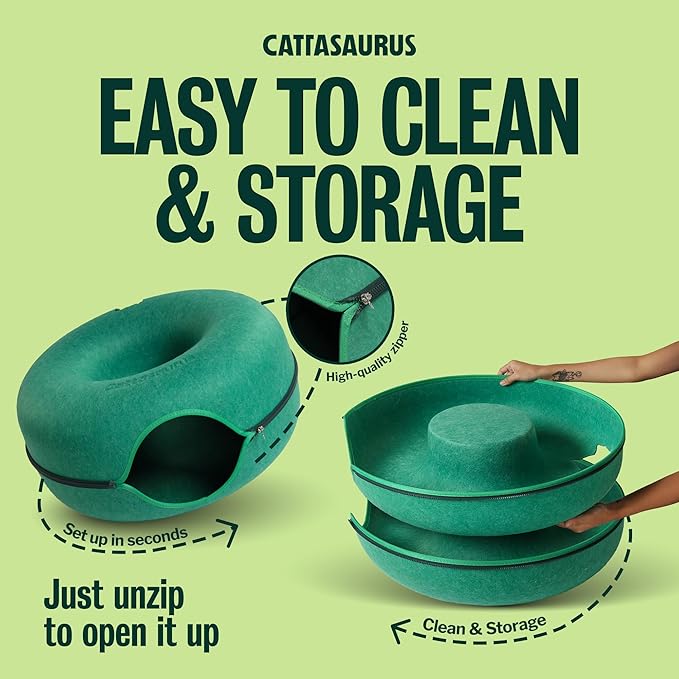 Cattasaurus Peekaboo Cat Cave Donut for Multiple & Large Cats up to 30-45 lbs, 3-in-1 Self Warming Cat Bed, Tunnel & Scratcher for Indoor Cats, Washable & Detachable Dog Bed (Forest Green, Large)