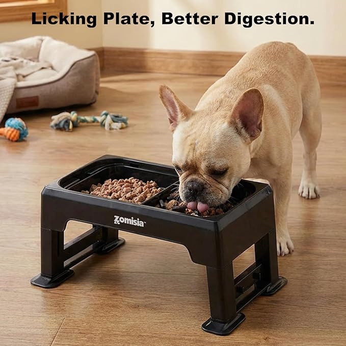 ZOMISIA 3-in-1 Raised Dog Bowl - 6 Height Adjustable Elevated Dog Bowls, Double Deck Design Mess Proof, Feeding Station with 2L No Spill Stainless Steel Bowls & Licking Plate for Medium Large Pets