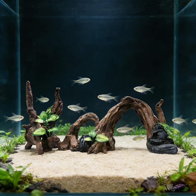 Resin Simulation Driftwood Aquarium Decor, Fish Tank Landscape Ornament Hideout for Betta Goldfish Amphibians Reptiles Rest Play Accessories