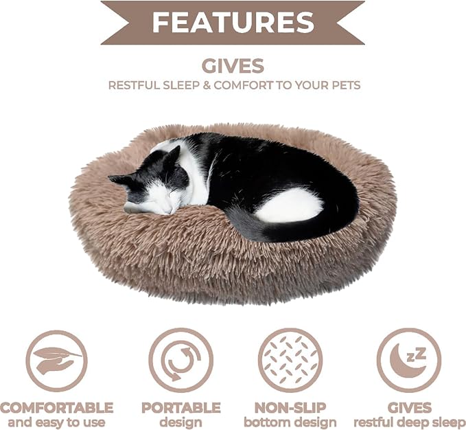 Whiskers & Friends Cat Beds for Indoor Cats, Fluffy Calming Donut Cat Bed, Small Dog Bed Washable - Orthopedic Soft Plush Pet Beds Sized for Kitten to Large Cats & Puppy to Small Dogs - Beige Brown