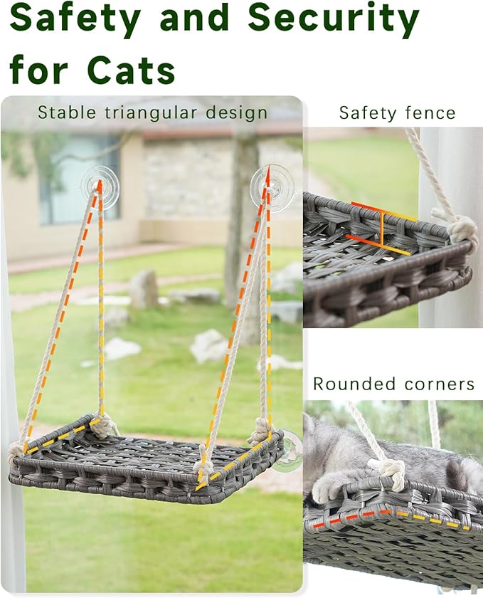 SETVSON Cat Window Perch, Cat Window Hammock Bed for Indoor Cats, Large Handwoven PE Rattan Window Seat, 4 Suction Cups, Double Sided Washable Cushion Bed, 2.3 Inch Fence Shelf, for Pet Kittens Gray