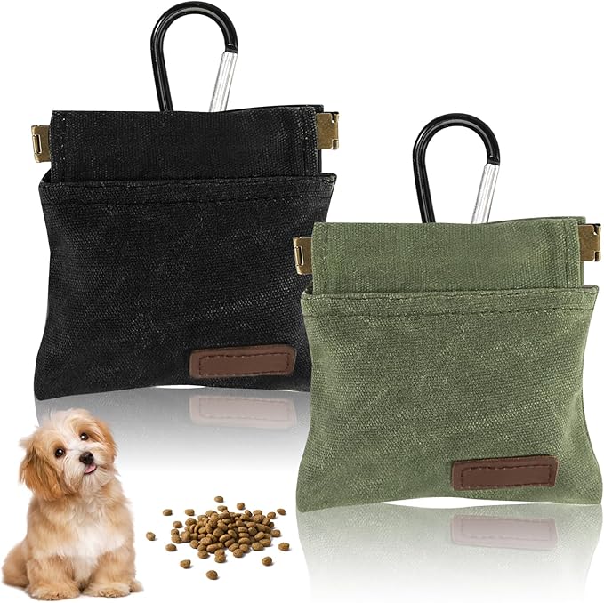 2Pcs Dog Treat Pouch, Dog Treat Pouches for Pet Training, Portable Auto Closing Dog Walking Bag with Carabiner for Puppy Travel or Outdoor Use Black Green