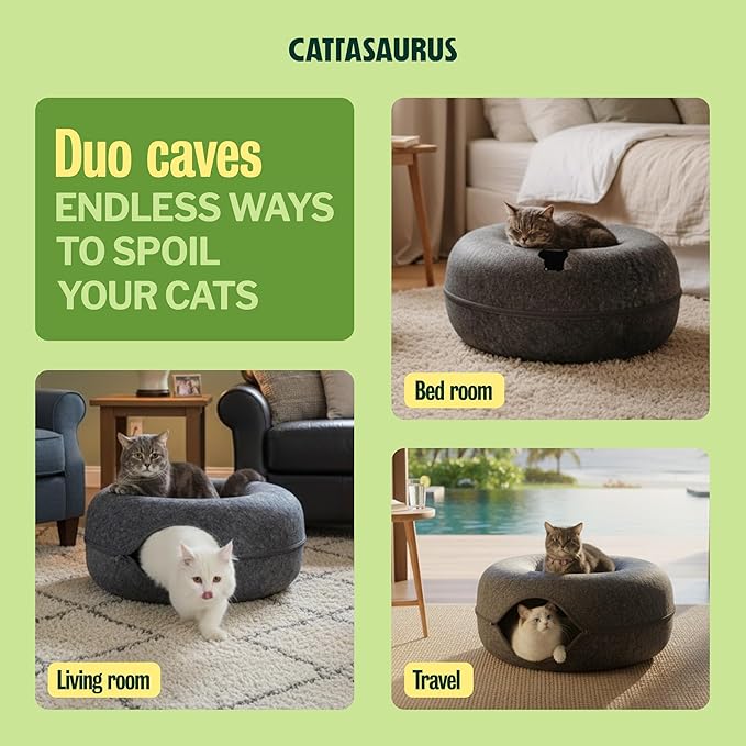 Cattasaurus Peekaboo Cat Cave Donut for Multiple & Large Cats up to 30-45 lbs, 3-in-1 Self Warming Cat Bed, Tunnel & Scratcher for Indoor Cats, Washable & Detachable (Dark Gray + Dark Gray, Large)