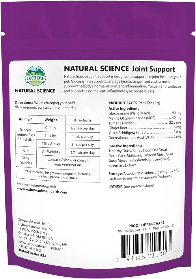 Oxbow Natural Science Joint Support, Anti Inflammatory Supplement for Rabbit & Guinea Pig, Oxbow Timothy Hay, Made with Glucosamine, Turmeric, & Yucca, Made in USA, 4.2 oz Bag