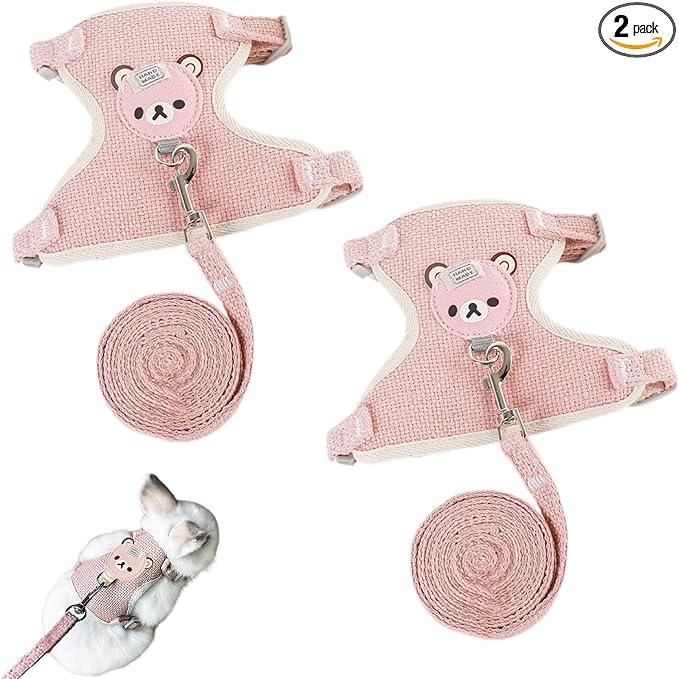2-Pack Rabbit Harness and Leash Set – Adjustable Small Animal Vest Harness with Safety Buckle – Breathable & Lightweight – Ideal for Rabbits, Ferrets, Guinea Pigs, and Cats (Pink)