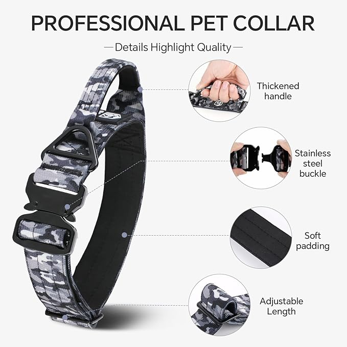 Tactical Dog Collar, Adjustable Military Collar with Handle and Heavy Duty Metal Buckle, Thick Dog Collars for Medium and Large Dogs (Gray Camouflage, L)