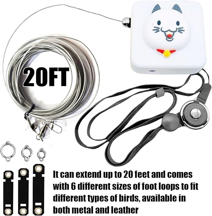 Bird Leash Bird Traction Rope Parrot Flying Rope Adjustable Small Animal Walking Harness 20FT/236IN with 6 Different Sizes of Soft Foot Ring (20FT, White cat)