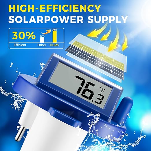 Solar Wireless Floating Pool Thermometer - Upgraded IPX8 Waterproof Easy Read Digital Thermometer with Time, Indoor Temperature & Humidity Monitor for Swimming Pools, Spas, Hot Tubs (Dark Blue 1pack)