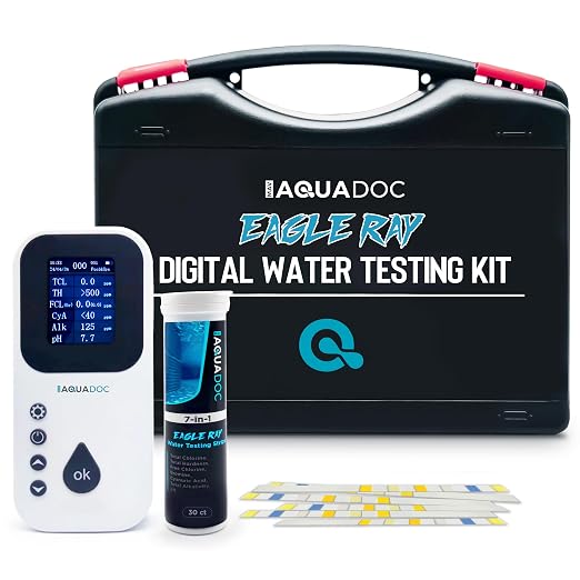 AquaDoc Eagle Ray Digital Water Test Kit for Pool & Spa with 30 Test Strips | Includes a Digital Water Tester and Hot Tub Test Strips for pH, Chlorine, Bromine, Alkalinity, Hardness And Cyanuric Acid