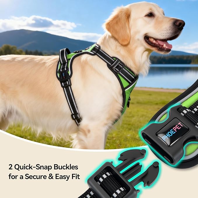 PHOEPET No Pull Dog Harnesses for Small Puppies Reflective Adjustable Front Clip Vest with 2 Metal Leash Attachment Hooks Soft Handle(XS, Green)
