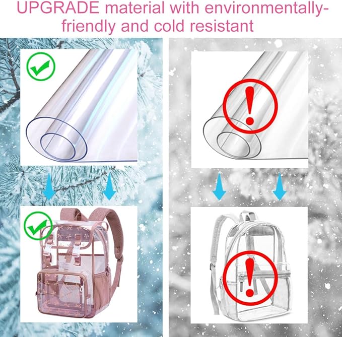 17" Bow Clear Backpack for Girls - 3Pcs Flip Design Stadium Approved Set, Campus/School Transparent Bookbag (Pink)