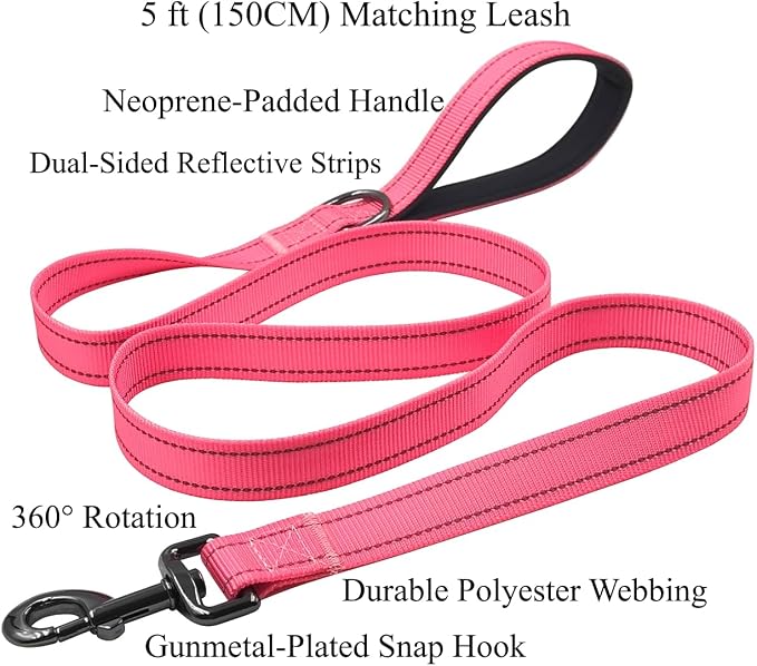 Dog Collar Leash Set, Durable Polyester with Safety Reflective Strips, 5 ft Matching Leash, Neoprene Padded Handle, Adjustable 4 Sizes for Small Medium Large Dogs.(S, Pink)