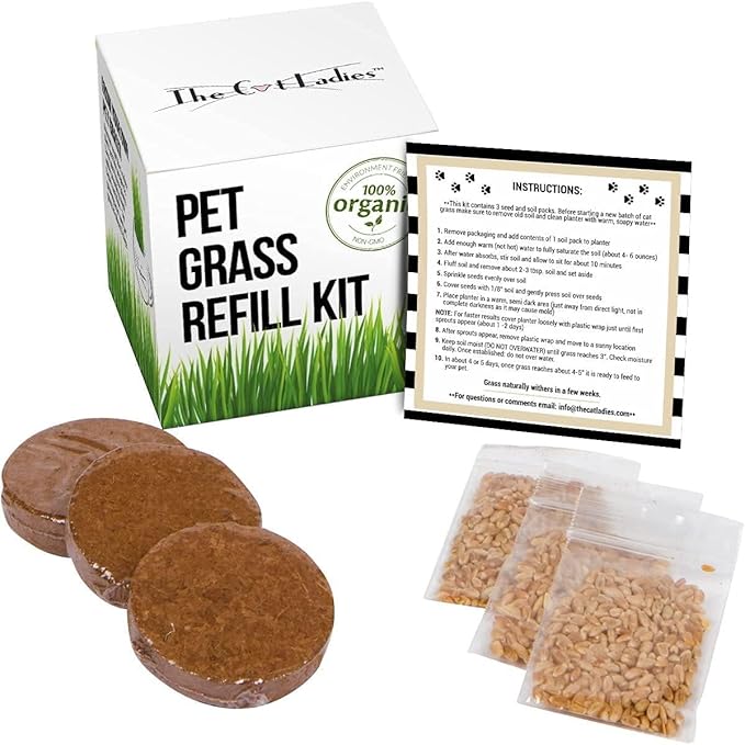 The Cat Ladies Cat Grass Refill Kit 100% Organic Cat Grass Seed and Coco Coir Soil Disks - 3 Pack