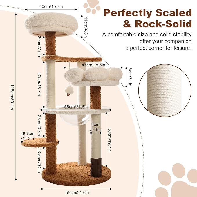 Modern Cat Tree Tower for Large Cats, 50-Inch Cat Scratching Post & Indoor Climbing Furniture with Plush Perches & Space Capsule - Sturdy Cat Tree for Maine Coon & Big Adult Cats