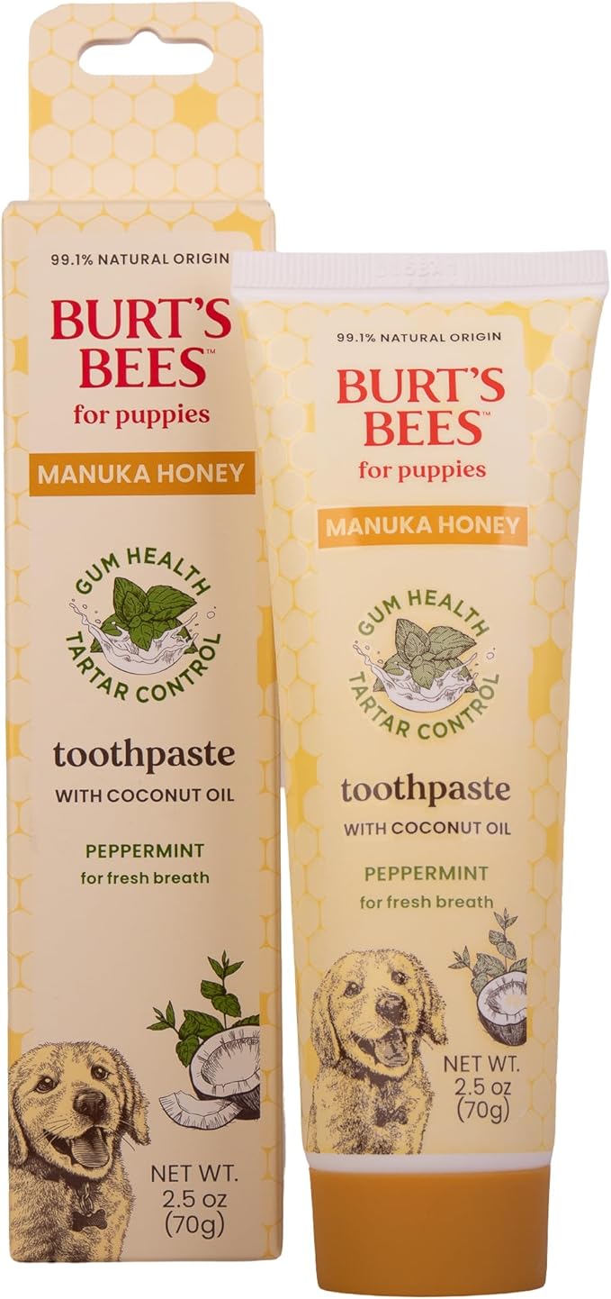 Burt's Bees for Pets Peppermint Toothpaste for Puppies with Manuka Honey and Coconut Oil for Gum Health & Tartar Control, 99.1% Natural Origin Formula, Fluoride-Free, Peppermint Flavor, 2.5 Oz