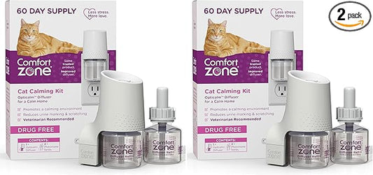 Comfort Zone 60 Day Starter Kit: 1 Cat Calming Diffuser & 2 Refills; Cat Pheromones Help Anxiety; Reduce Stress,Urine Marking,Scratching,(Pack of 2)