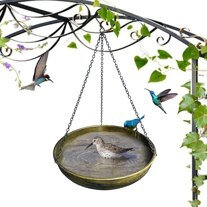 TIANCENTRAL H Hanging Bird Bath for Outdoor-11.4 Inch Bird Baths for Backyard Metal Bird Bath Bowl Outdoor Window Birds Feeder with 17”Rust-Proof Black Chains for Garden Yard and Patio Decor