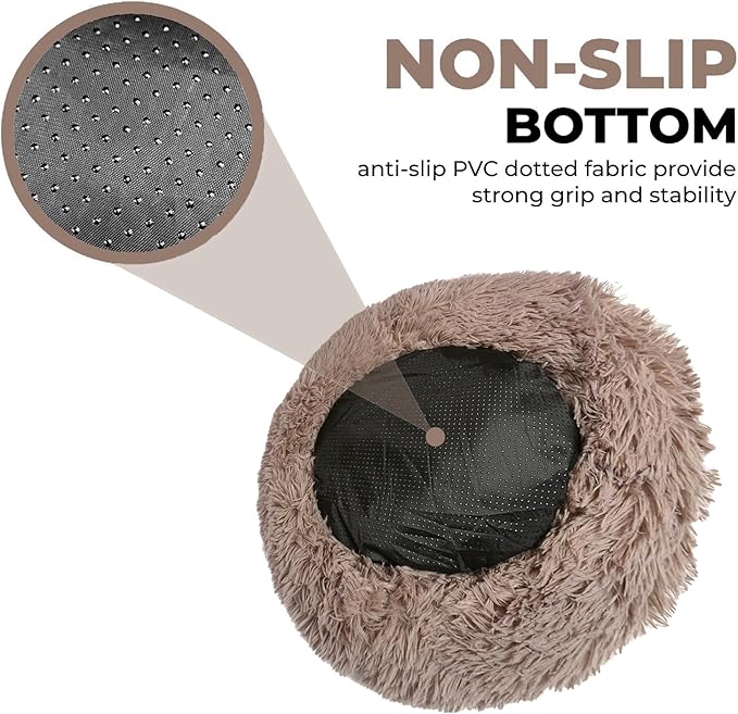 Whiskers & Friends Cat Beds for Indoor Cats, Fluffy Calming Donut Cat Bed, Small Dog Bed Washable - Orthopedic Soft Plush Pet Beds Sized for Kitten to Large Cats & Puppy to Small Dogs - Beige Brown