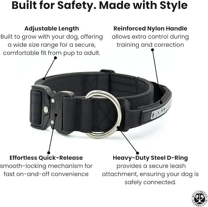 Heavy Duty Dog Collar, Tactical Dog Collar, Dog Collars for Medium Dogs, Waterproof Dog Collar, Dog Training Collar, Quick-Release Metal Buckle, Adjustable Sizes – BULLYBREED (Black, Medium)