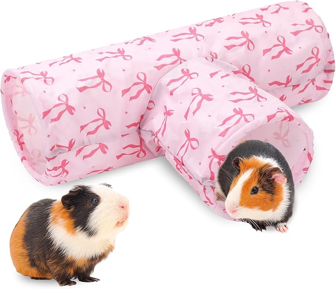 JarThenaAMCS Guinea Pig Tunnel 3 Way Washable Guinea Pig Hideout Pink Bow Foldable Rabbit Tunnel Small Animal Toy for Bunny Hamster Chinchilla Ferret Accessory