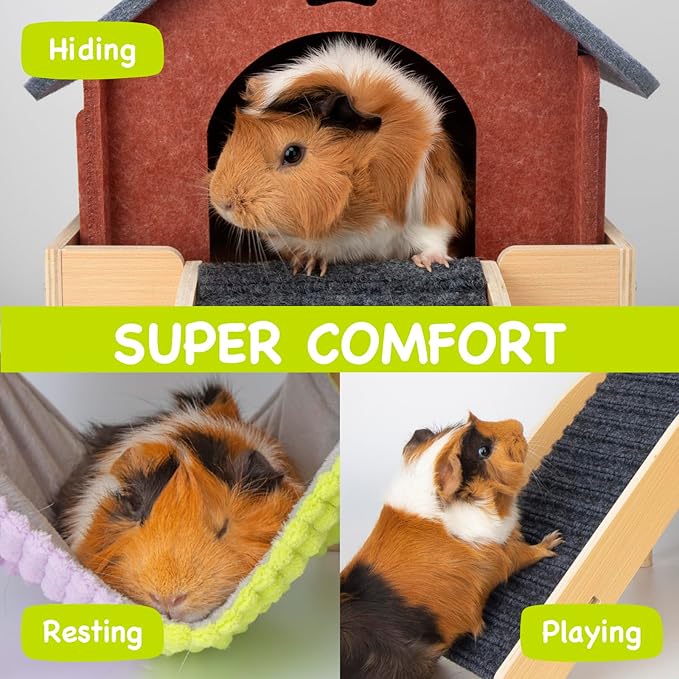 BESNEW 3 in 1 Enlarged Guinea Pig Hammock,Wooden Guinea Pig Hideout with House & Platform & Stairs Small Animal Toys for Hiding Sleeping Activities
