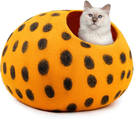 Woolygon Premium Felt Cat Cave Bed – Wool Kitty Beds Handcrafted Kitten Caves Bed for Indoor Cats - Made from Merino Wool, Foldable Cat Hideaway Covered Cat House Pod (Orange Polka)