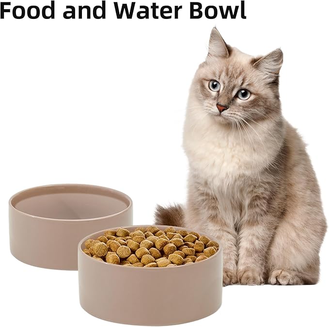 Havniva Ceramic 5.1inch Set of 2 Dog and Cat Bowls, 2pcs Anti-Slip Food and Water Feeder Dishes for Puppies, Kitties, Cats(2 Bowls, Brown Coffee)