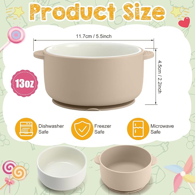 Domensi 4 Sets Kids Porcelain Bowls with Suction Sleeves Toddler Suction Bowl Upgrade Durable Microwave Dishwasher Safe Cereal Soup Snack Dishes for Baby Children Feeding Supplies (Morandi Colors)