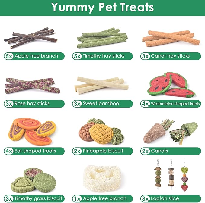 KATUMO Rabbit Chew Toys with 3 Types of Strung Hanging Toys, Natural Bunny Teeth Care Chew Kit Apple Wood Sweet Bamboo Grass Timothy Sticks for Guinea Pig, Hamster, Chinchilla, Small Animals