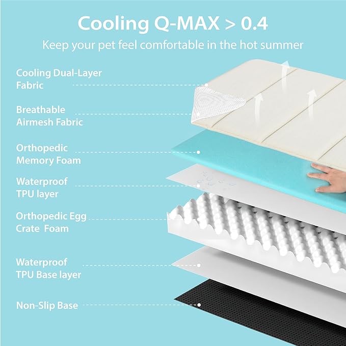Cooling Dog Bed for 2XL Large Dogs - Orthopedic Pet Beds with Memory Foam, QMAX>0.5, Waterproof Removable Washable Cover for Hot Weather, Dark Beige, 47" L x 29" W x 3" H