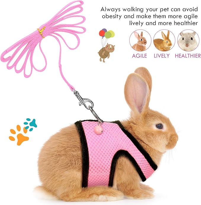 SATINIOR 2 Sets Guinea Pig Harness and Leash Adjustable Soft Mesh Harness Bell No Pulling Comfort Vest for Baby Ferret Rats Hamster Bunny Rabbit Chinchilla and Small Pet(Blue, Pink,XS)