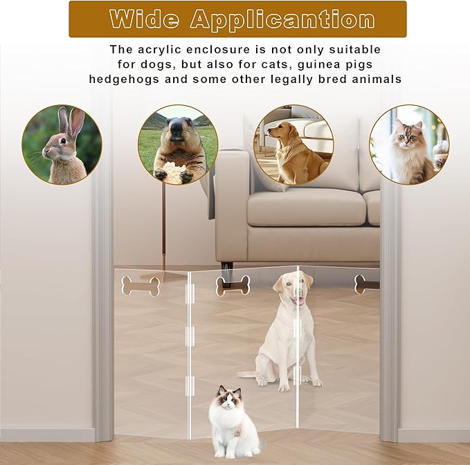 Clear Acrylic Dog Gate, 6 Panel 144" W x 31.5" H, Transparent Freestanding Pet Playpen Indoor, Foldable Pet Fence Barrier for Doorway with Handle/Support Feet