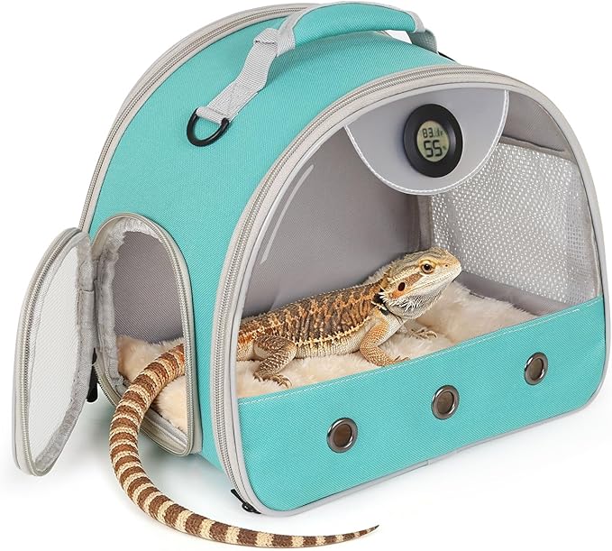 Bearded Dragon Carrier, Reptile Travel Bag with Built-in Thermometer Hygrometer, Breathable Small Animal Carrier with Clear View Window, Portable Guinea Pig Carrier for Gecko, Snake, Hamster