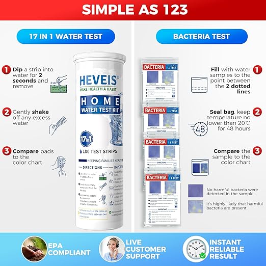 21-in-1 Home Drinking Water Testing Kit - 120 Strips + 4 Bacteria Tests - Tap and Well Water Test Kit, Easy to Test and Read for Hardness, Lead, Iron, Fluoride, pH, Copper, Bacteria and More