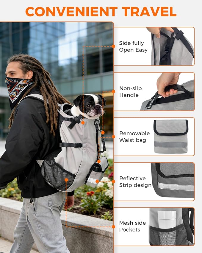 Dog Backpack Carrier for Small Dogs - 4-Layer Protection, Under 24 lb, Waterproof, Adjustable Dog Hiking Backpack with Storage Pockets, Reflective Strips, Non-Slip Handle for Travel - Grey