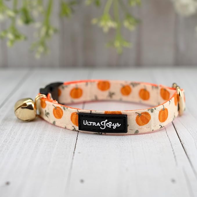 Ultra Joys Breakaway Cat Collar With Bells - For Boys & Girls, Kittens - With Bandana Pumpkin Small